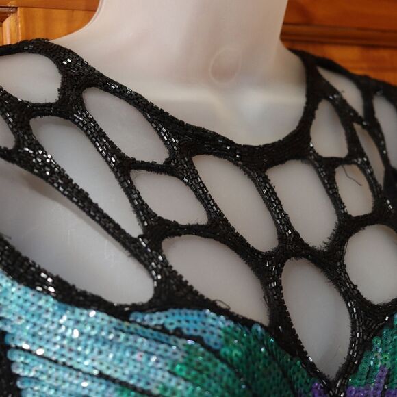 Vintage 80s Silk Sequin Peacock Butterfly Evening Gown Maxi Dress - Picture 3 of 16